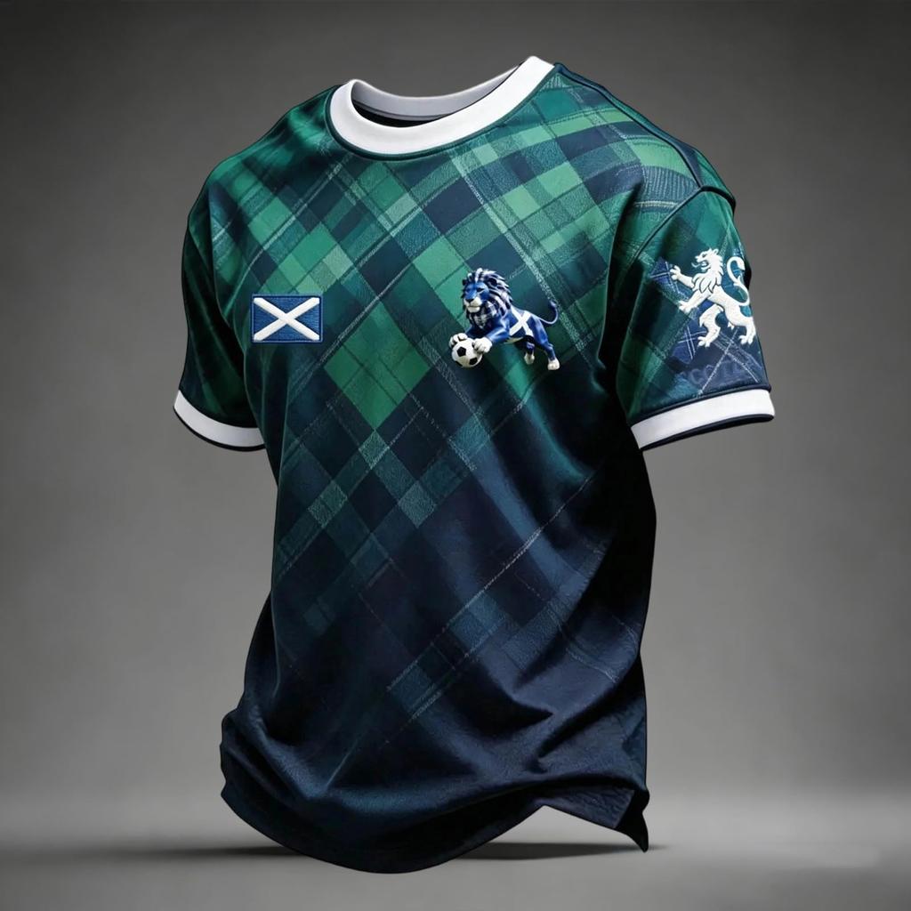 Men's Casual Raglan Sleeve Fashion Top Scottish Football Plaid Pattern Short Sleeve Crew Neck Shirt for Everyday Wear