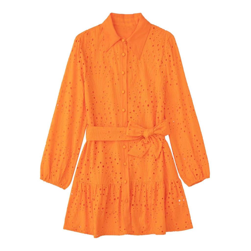 Women Vintage Three Quarter Sleeves Front Buttons Belt Green Embroidery Mini Dress