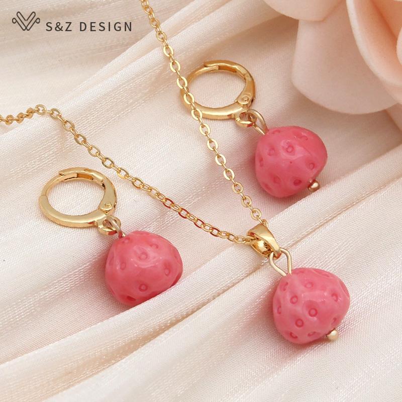 Fashion Pink Strawberry Synthetic Shell Drop Earrings Jewelry Sets For Women Wedding Rose Gold Color Necklace