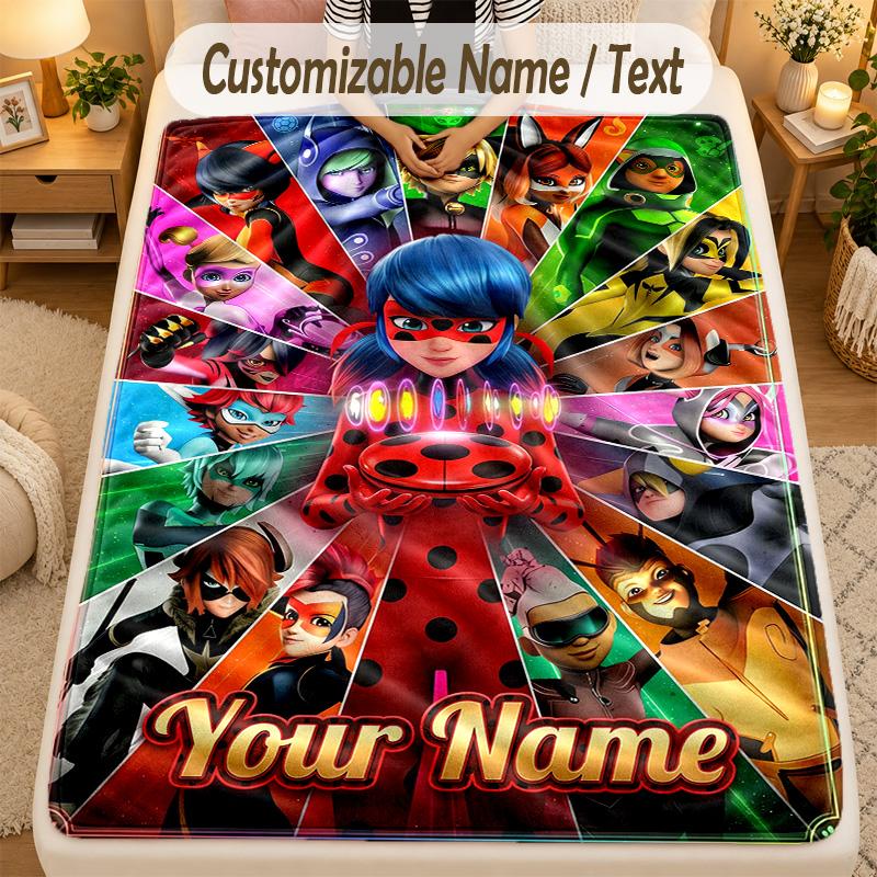 FlaneldeckeMiraculous Ladybug Benutzerdefinierter Name Text Personalisierte Weiche Warme Überwurfdecke Heimdekoration Geschenk