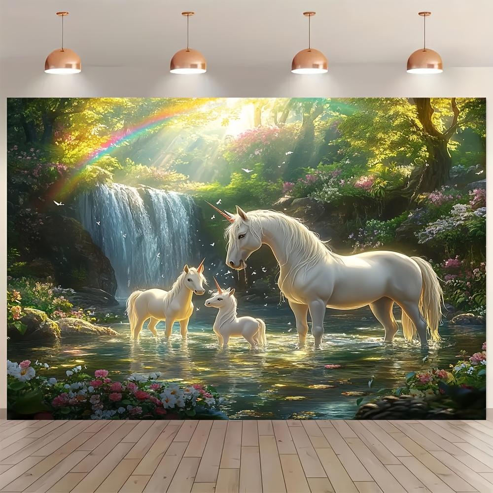 1 large unicorn forest scene background - durable polyester fabric, no power supply required
