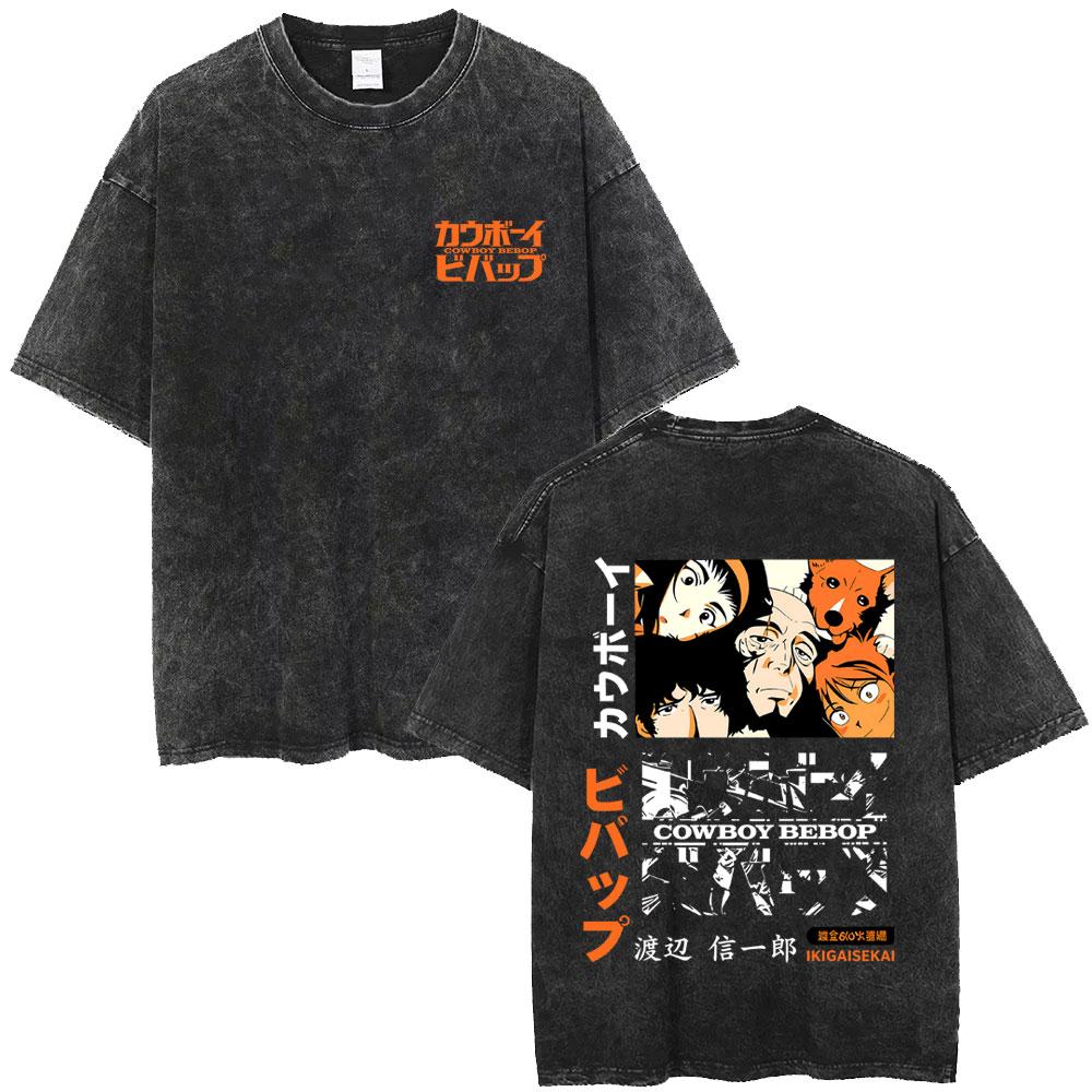 Washed Vintage Anime Cowboy Bebop Spike Spiegel See You Space Cowboy Graphic T-shirt Manga Retro Oversized T Shirts Unisex