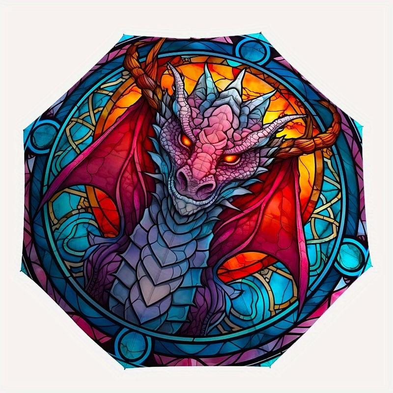 Stained Dragon Window Panel: Colorful Fantasy Art DécorUmbrella, Portable 3-Fold Compact Umbrella,Christmas Gift ES473