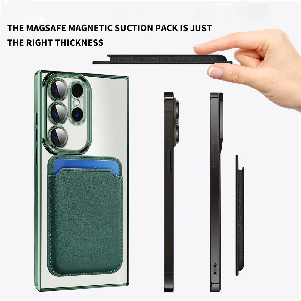 Husă magnetică Magsafe din piele, suport pentru carduri, pentru Samsung S24Ultra S23 Plus, husă de protecție fără fir pentru încărcare