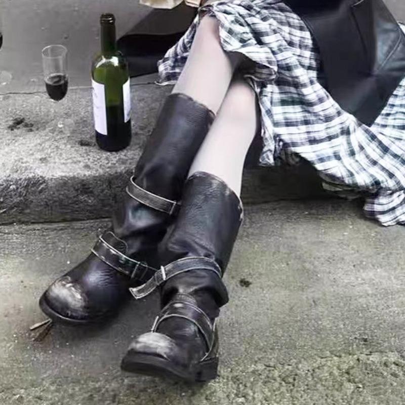 [Zhang Yuanying] Belt buckle stack boots thick heel retro mid-wind boots boots niche tooling boots