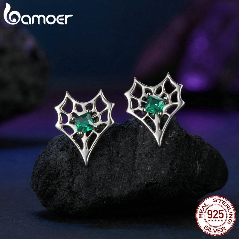 Bamoer Masivní náušnice z ryzího stříbra 925 s halloweenskou pavučinou pro ženy, hypoalergenní puzetové náušnice, narozeninový šperk jako dárek