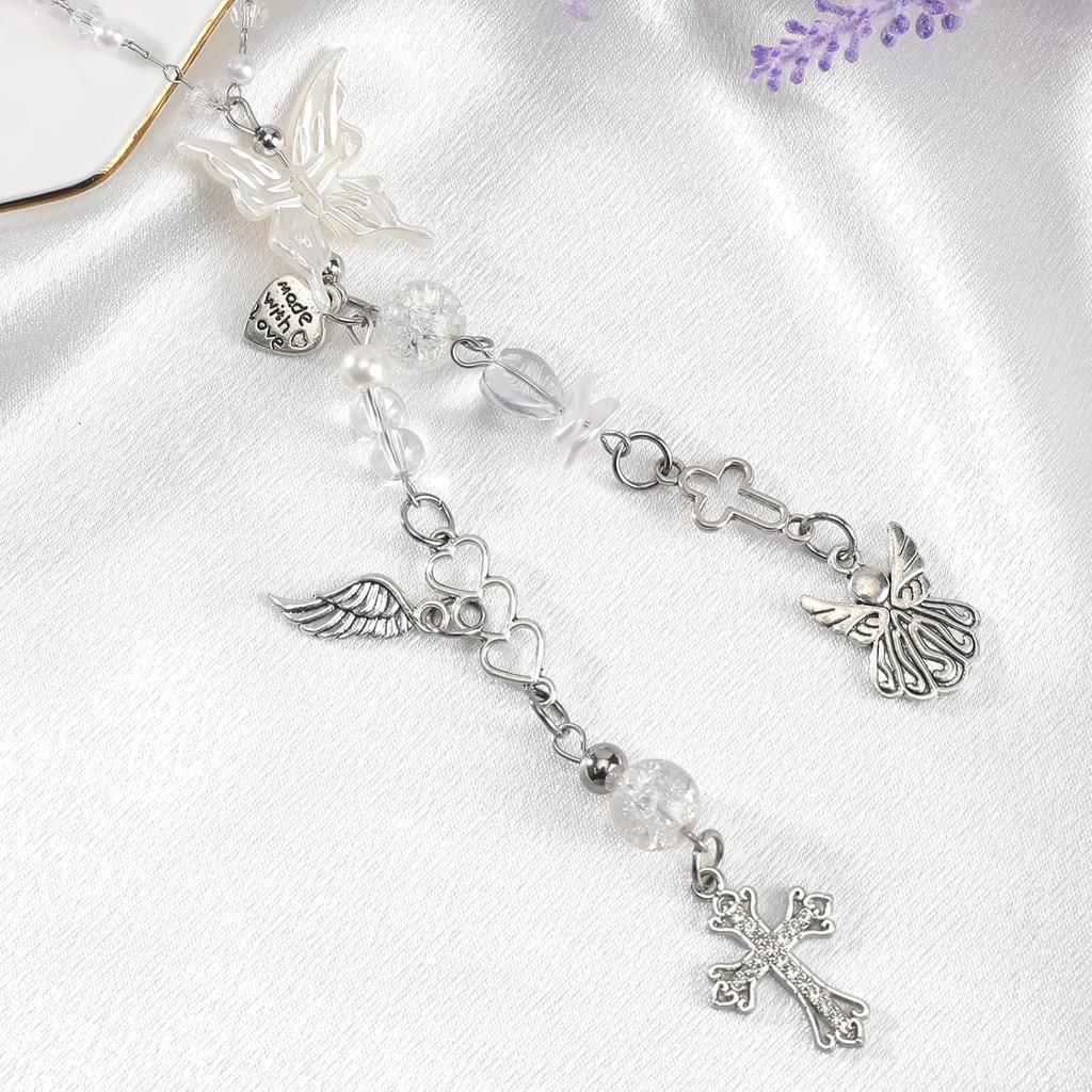 Angel Cross Rear View Mirror Charm - Crystal Angel Wing Pendant Hanging Chain, Religious Cross Car Suncatcher Ornament, Spiritual Car Interior Decor
