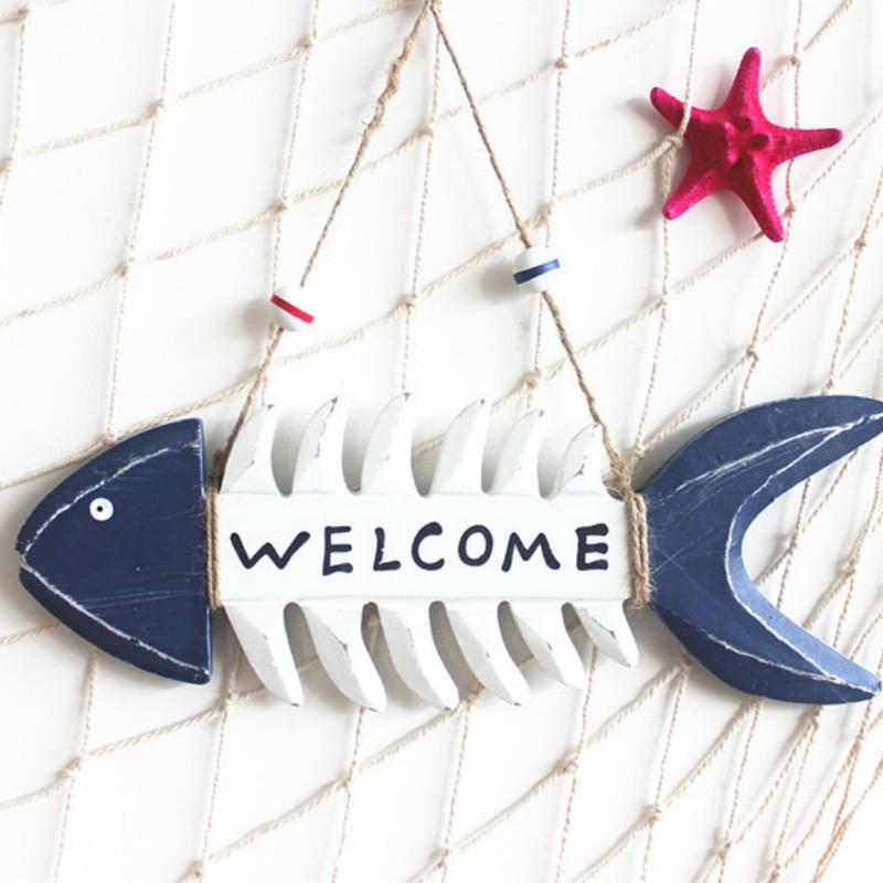 1 PC Mediterranean Wood Fish Bone Fishbone Welcome To Hang In The Wall of The Ornaments Wall Decoration