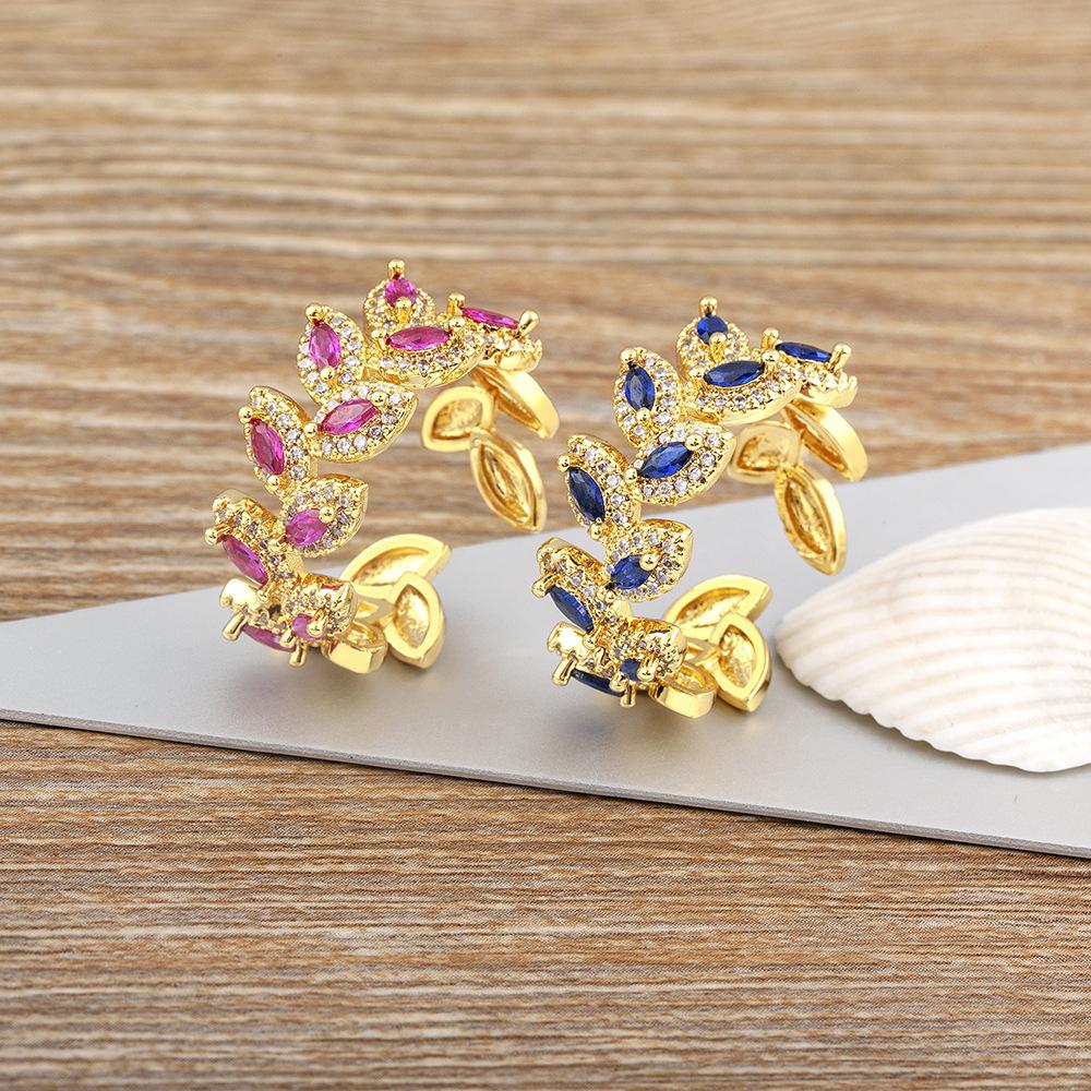 European and American Wide Face Tree Leaf Shaped Inlaid with Colored Zircon Geometric Opening Personalized Ring for Women