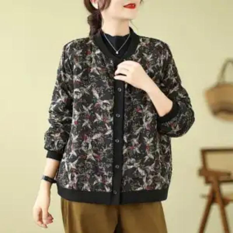 Autumn and Winter Printed Contrast Color Long-sleeved Round Neck Loose Retro Ethnic Style Thickened Cardigan Jacket Top