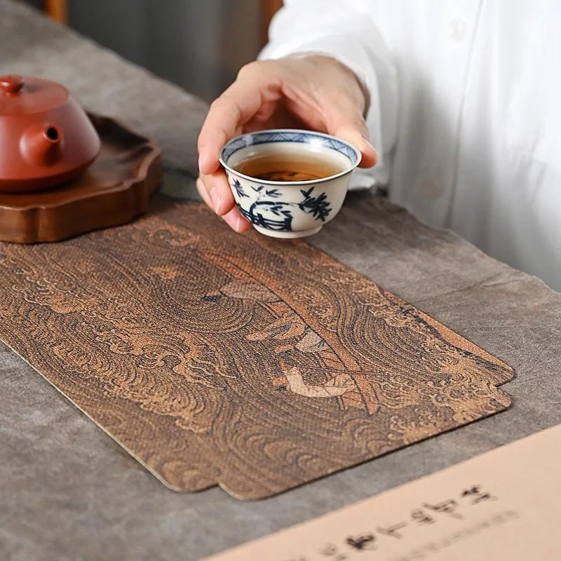 Double Sided Retro Tea Mat Waterproof Zen Dry Brewing Single Person Tea Towel Cloth Mat Table Flag Tea Ceremony Accessories