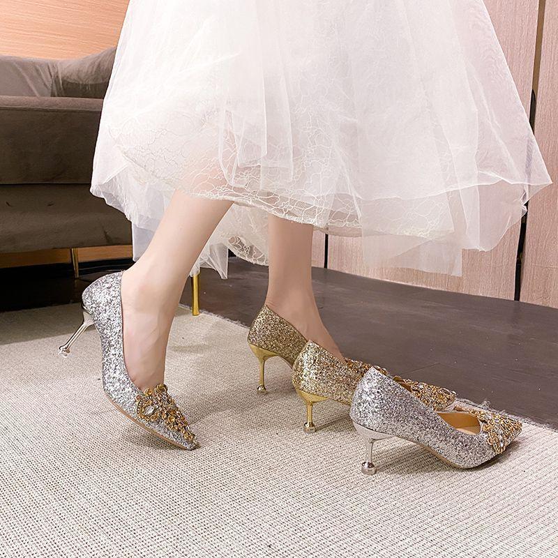 Silver wedding shoes two wear high heels single shoes women's 2025 new French champagne rhinestone show he wedding shoes
