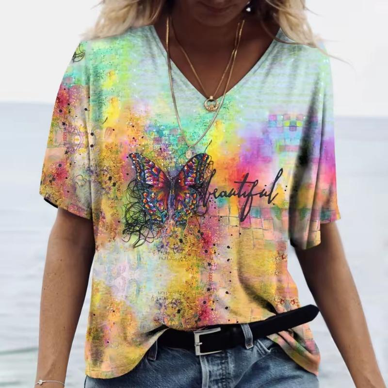 Summer Women's T-Shirt Vintage Casual Fashion V Neck Pullover Short Sleeve 3D Butterfly Print Loose Daily Tops Design Clothing