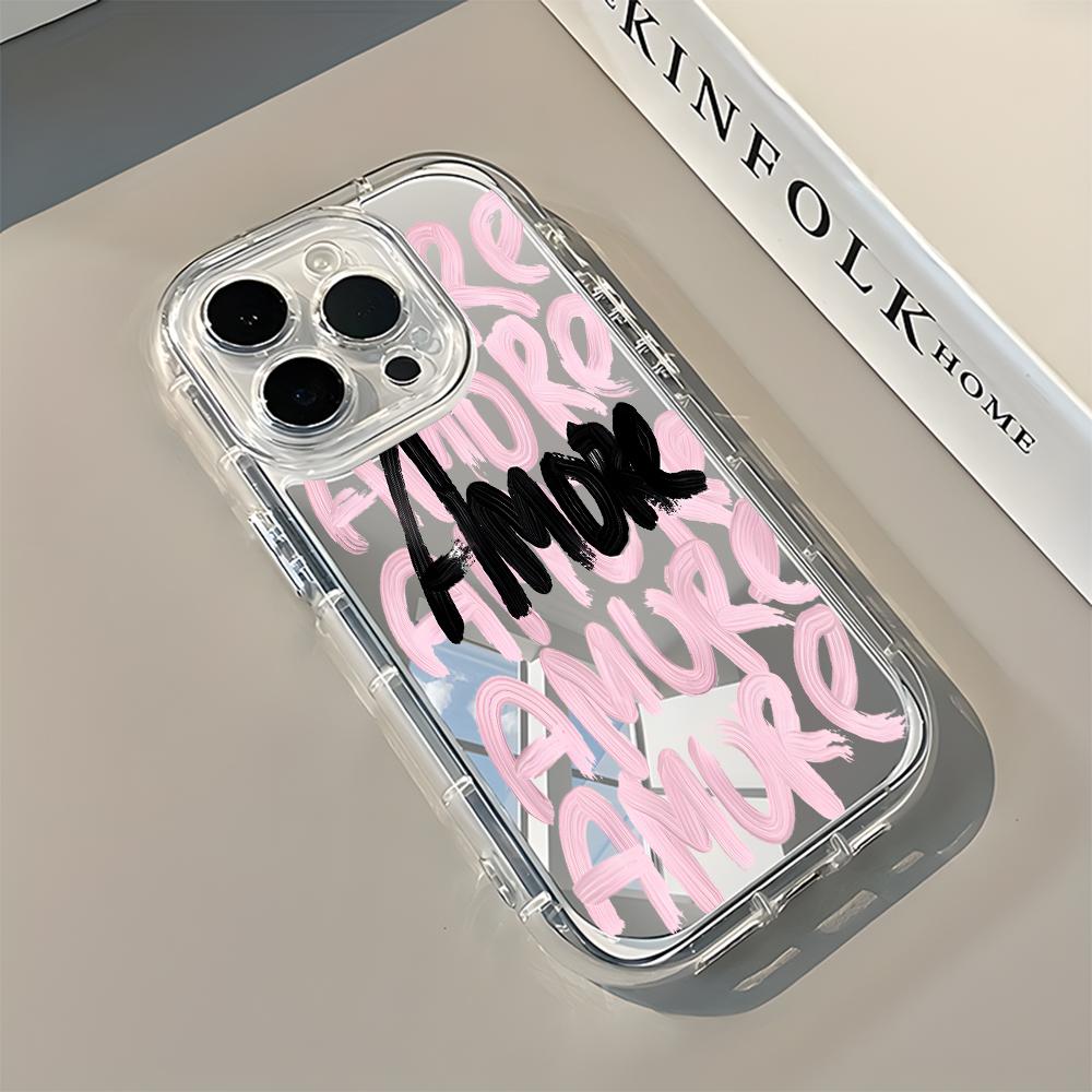 Pink Black Letter Romantic Soft Phone Case For iPhone 17 16 15 14 13 12 11 Pro Max Air X XR XS 7 8 Plus Mirror Back Cover