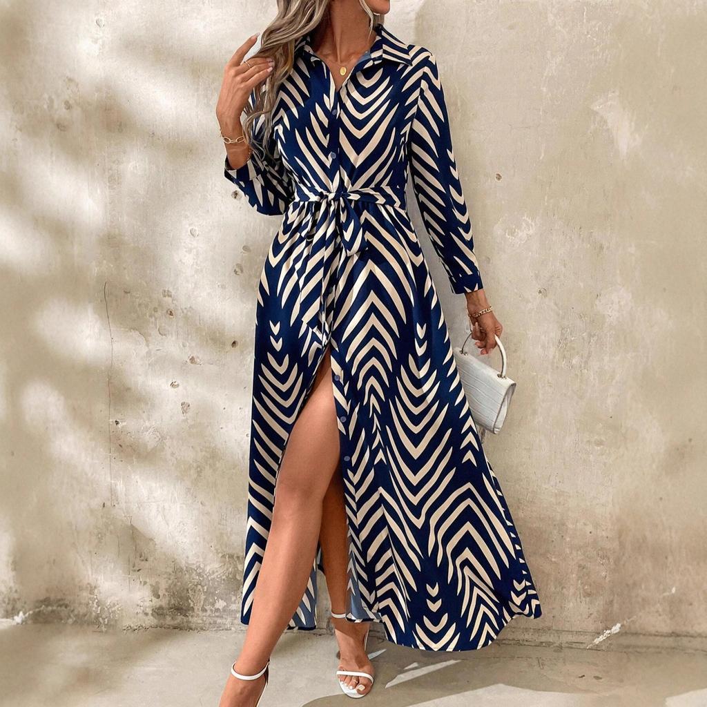 Women's Striped Long Sleeve Shirt Dress with High Slit and Belt