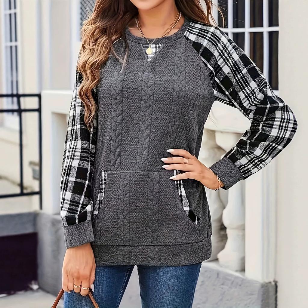 Women's Casual Plaid Crewneck Long Sleeve Sweatshirt with Pockets Loose Fit Top