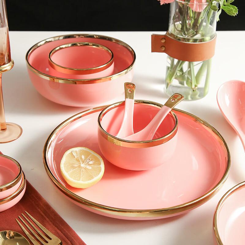 Ru Han Pink Ceramic Dinner Plate with Gold Rim