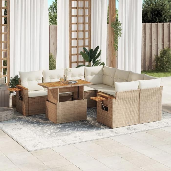 VidaXL Salon de Jardin avec Coussins 9 pcs, Canapés de Terrasse, Ensemble de Meubles de Patio, Mobilier d'Extérieur, Beige 3273445