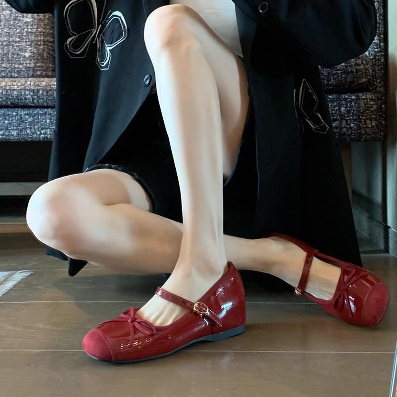 Sheepskin version! French beautiful Mary Jane shoes, red light mouth bow, one-word buckle belt inner height-increasing single shoes, wedding shoes