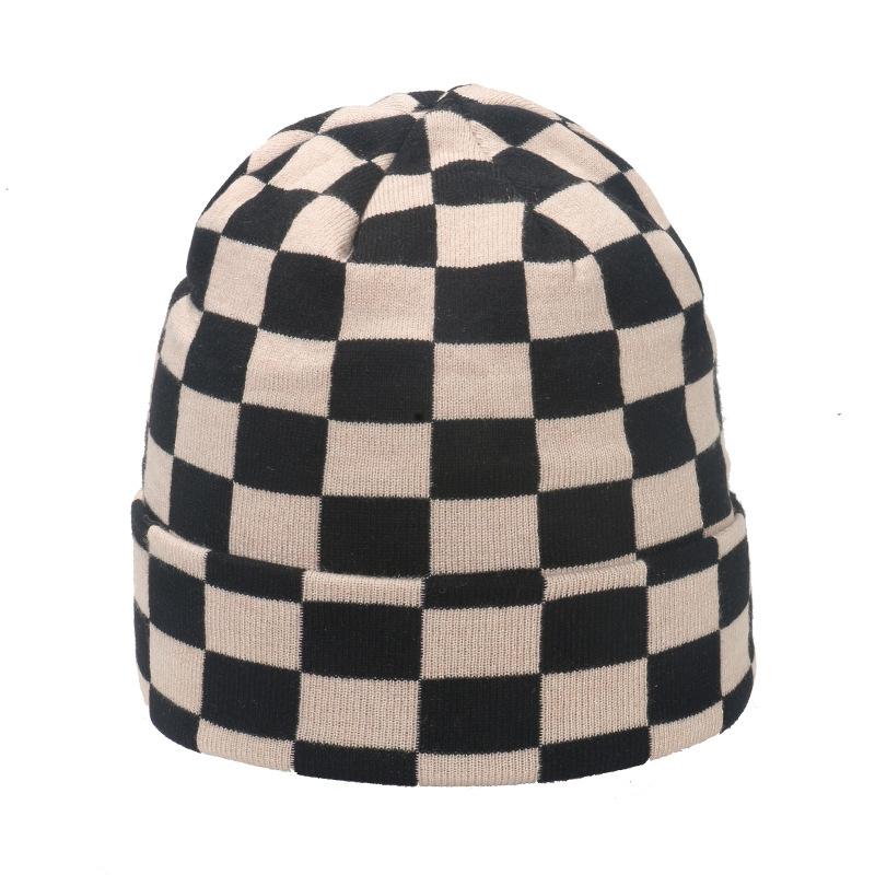 Japanese and Korean Version of Autumn and Winter Niche Trend Versatile Checkerboard Knitted Hat Small Face Versatile Internet Celebrity Wool Hat Women
