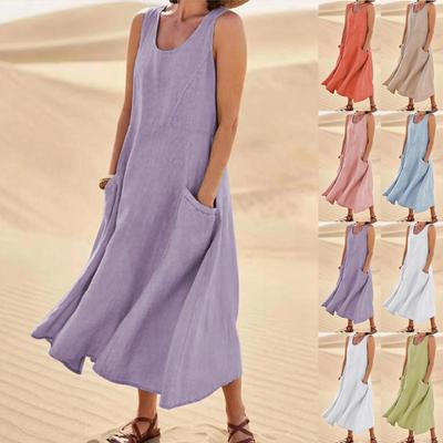 Dámské módní ležérní jednobarevné bavlněné plátěné šaty do kapsy bez rukávů