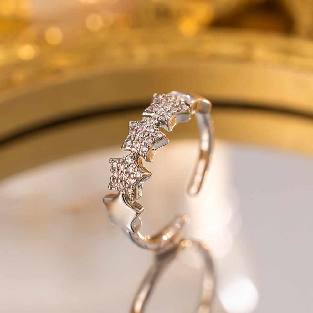 Exquisite super flash zircon ring for girls, light luxury, high-end sense opening adjustable ring, simple real gold electroplating