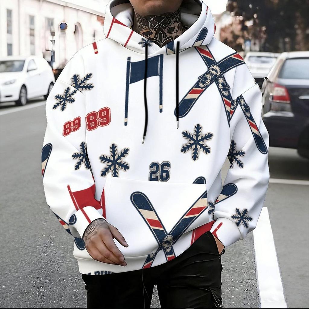 Herren Plus Size Weißer Lacrosse-Print Langarm Kapuzenpullover mit Kordelzug Kängurutasche Pullover