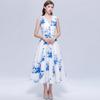 Elegant Sleeveless V Neck Midi Dress Summer Women Blue and White Porcelain Floral Print A Line Vintage High Waist Party Dress