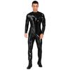 Mens Glossy Faux Leather Zippered Crotch Bodysuit Long Sleeve Tight Fit Clubwear Disco Party Outfit Shiny Latex-Style Costume