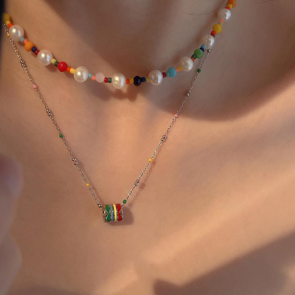 High-End Light Luxury Rainbow Passepartout Enamel Pendant Necklace Women'S Niche Design Sense Trendy Personalized Accessories