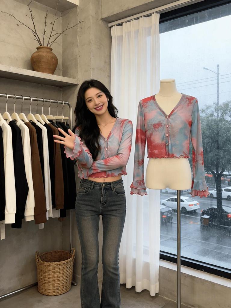 Chic Tie-Dye Ruffled Mesh Long-Sleeve Crop Top - Spring/Autumn Fashion for Women