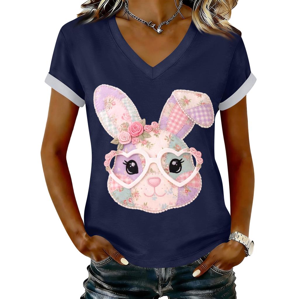 Women's Casual Printed T-Shirt V Neck Pullover Short Sleeve Top