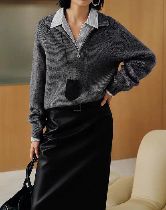 2026 Autumn/Winter Women's Casual Loose Half-Zip Textured Knit Top
