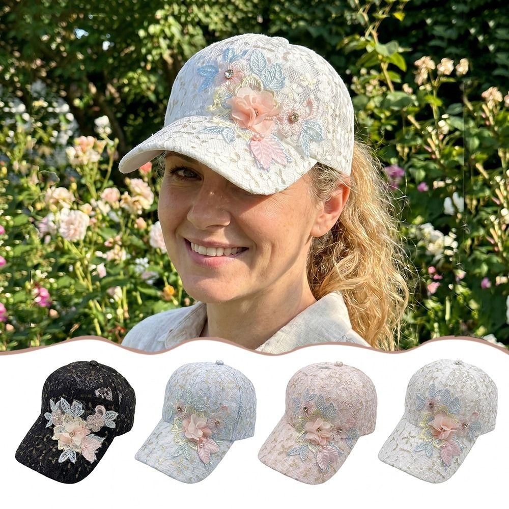 Mesh Breathable Duck Tongue Hat Embroidered Flowers Rebound Cap Sunshade Hat For Women Girls