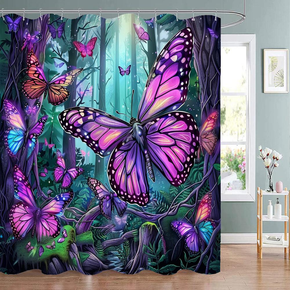 Fairy Tale Forest Beautiful Purple Butterfly Shower Curtain Bathroom Decor Shower Curtain Waterproof Shower Curtain With Hook