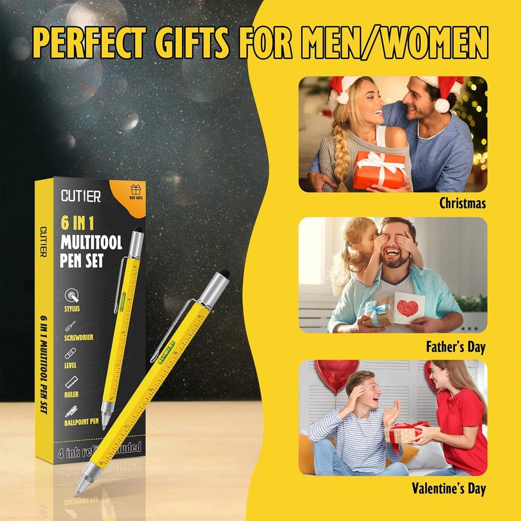 Cutier Cool Pen Gifts for Men, 6-in-1 Multi Tool Tech Pen Gadgets Tools for Men, Personalized Gifts for Dad or Him, Funny Gift for Christmas,