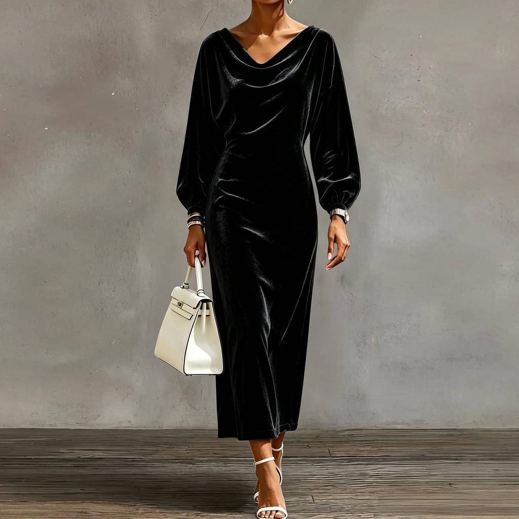 Women's Velvet Cowl Neck Sleeve Long Dress with Side Slit