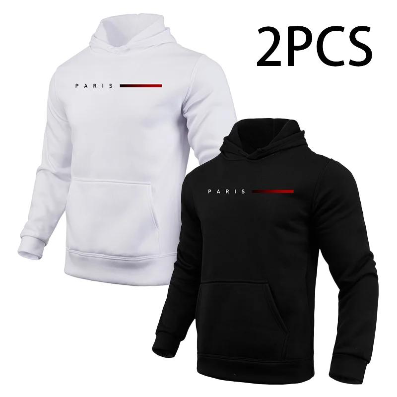 2pcs Hoodies Male Autumn Winter Hooded Long Sleeve Pullover Paris Printed Sweatshirt Urban Fashion Casual Sporty Hoody Coat