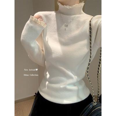 Lace Semi-turtleneck Knitted Sweater Women's Autumn and Winter Slim-fitting and Thin Shoulder Long-sleeved Bottoming Sweater Basic Top