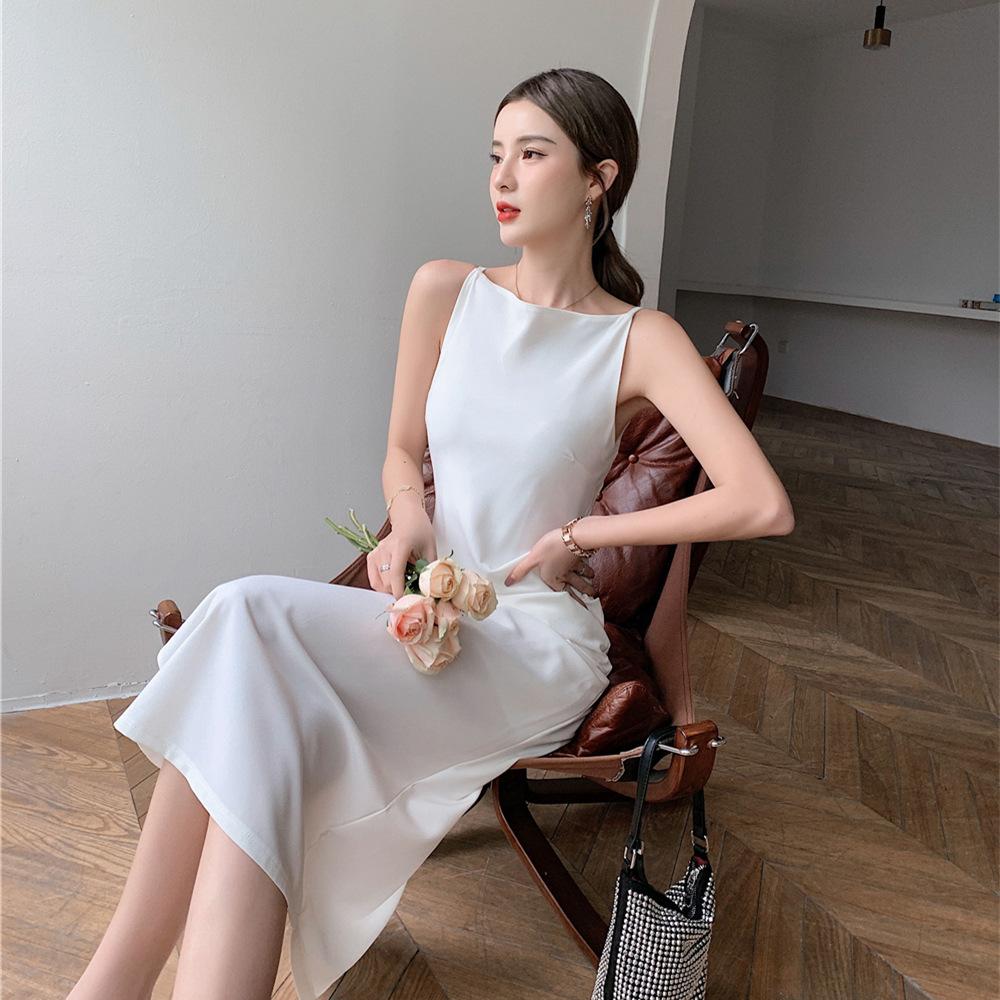 Real Shot, French Retro Hepburn Dress, Summer One-word Shoulder Sleeveless Long Dress, Waist and Thin Hepburn Dress