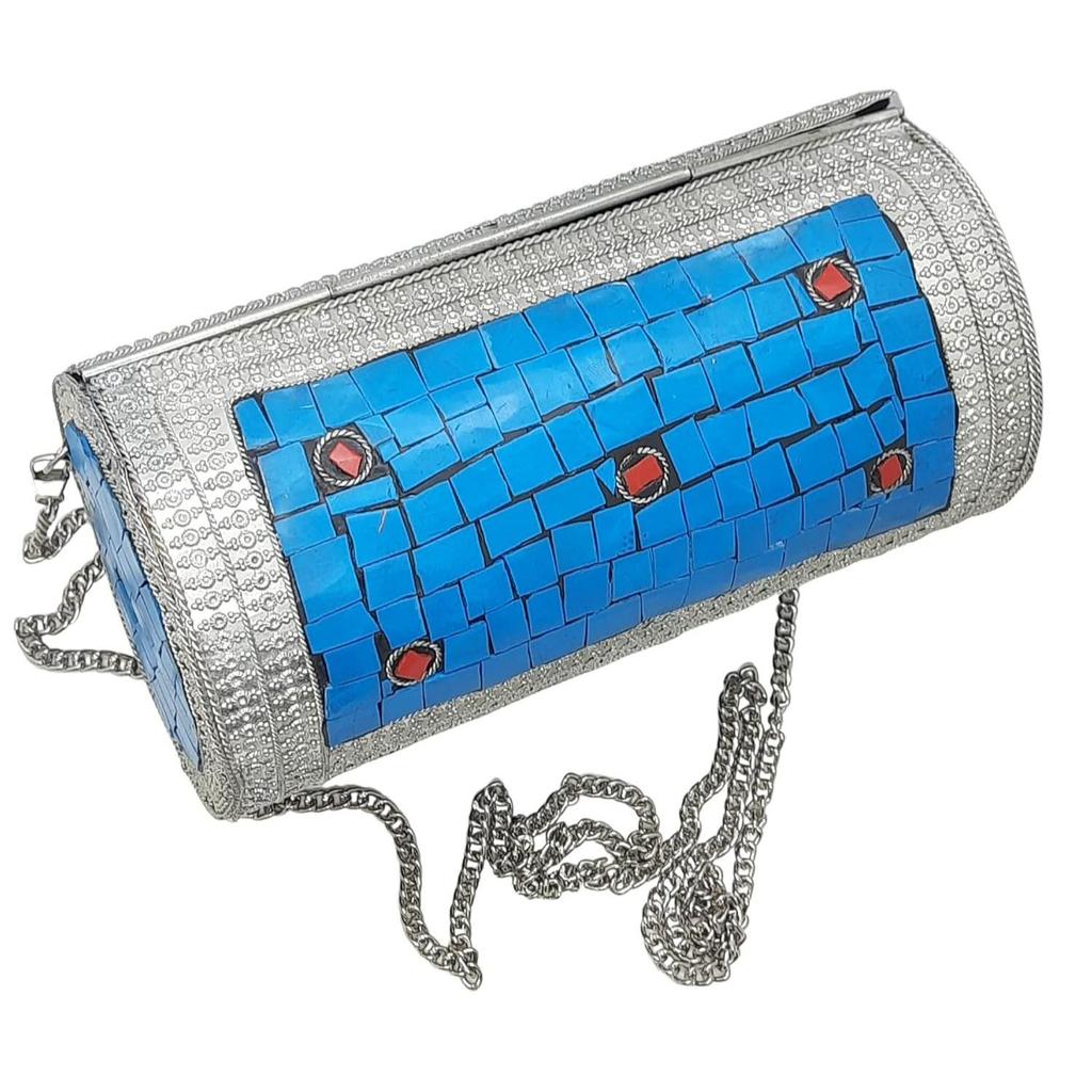 Eye Catching Handmade Cylinder Round Ethnic Stone Metal bag Antique Bridal clutch