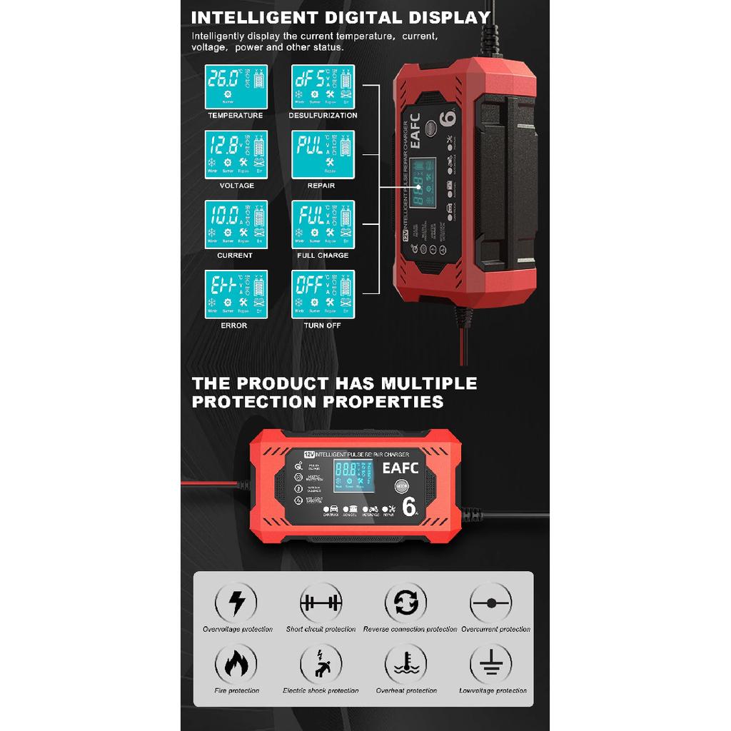 Chargeur de Batterie de Voiture 6A 12V Dispositif de Charge de Batterie de Voiture et de Moto Batterie Plomb-acide Réparation Intelligente Écran LCD