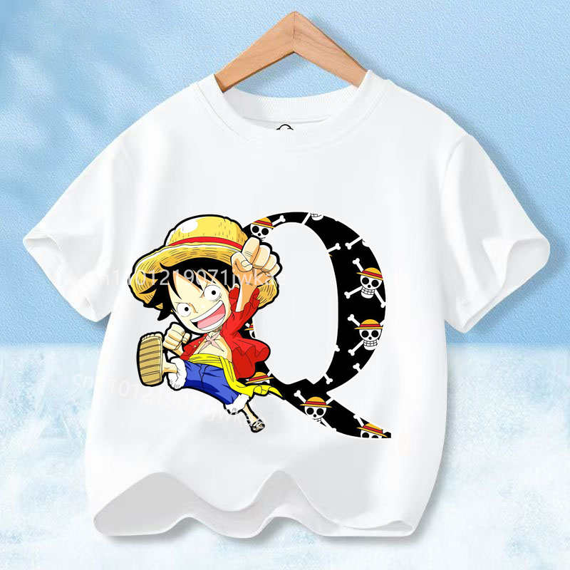2026 New One Piece Letter A-Z Anime Luffy Gear  Cartoon Graphic Cotton T-shirt for Children Summer Sports Tees Casual Kids Tops