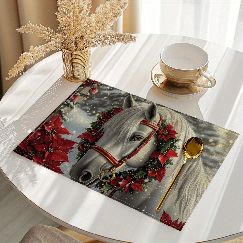 6/4pcs White Horse Pattern Design Printed Tableware Set, 100% Polyester Machine Washable, Perfect for Kitchen Dining Table Decor Placemats And Outdoor
