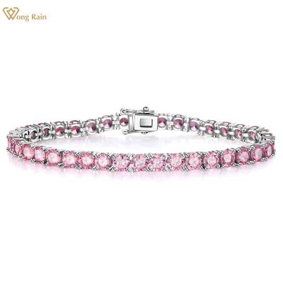 Wong Rain Neu in massivem 925er Sterlingsilber 5MM Labor-Rosa Saphir Edelstein Tennisarmband Feiner Schmuck Weihnachtsgeschenk