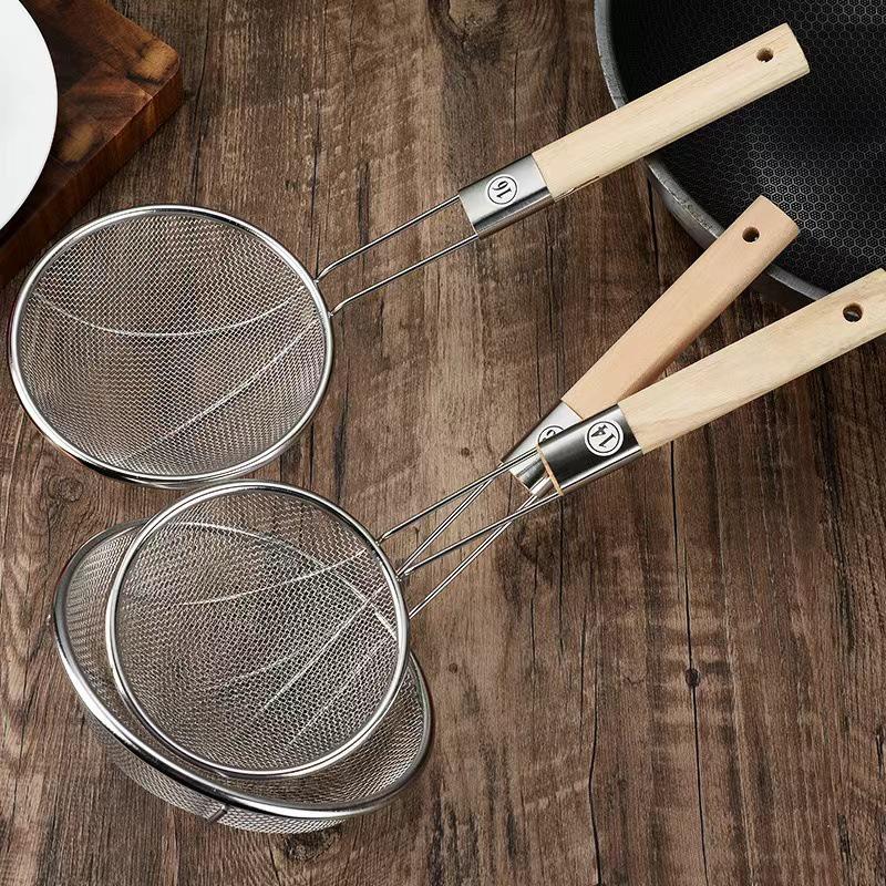 Stainless Steel Ultra-Fine Skimmer with Wooden Handle for Household and Commercial Use