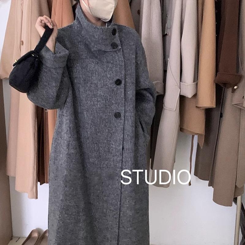 

Утолщенное двустороннее кашемировое пальто со стоячим воротником, длинное, с боковой застежкой, большим карманом, серое, теплое, шерстяное пальто H-силуэта M (120-70 kg)