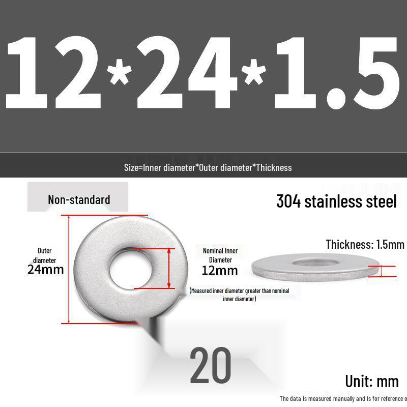 304 Stainless Steel Thickened Flat Washer Ring - Various Sizes (M1.6-M22)