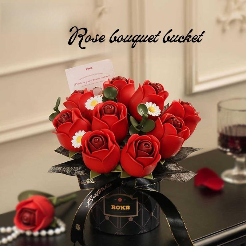 Rose Hug Bucket Bouquet 3D Assembly Handmade Diy Eternal Building Blocks Flower 3D Ornament Valentine'S Day Gift