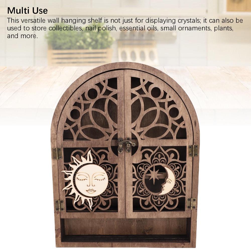 Sun and Moon Design Wall Crystal Display Shelf Small Wooden Wall Shelf Wall Crystal Organizer